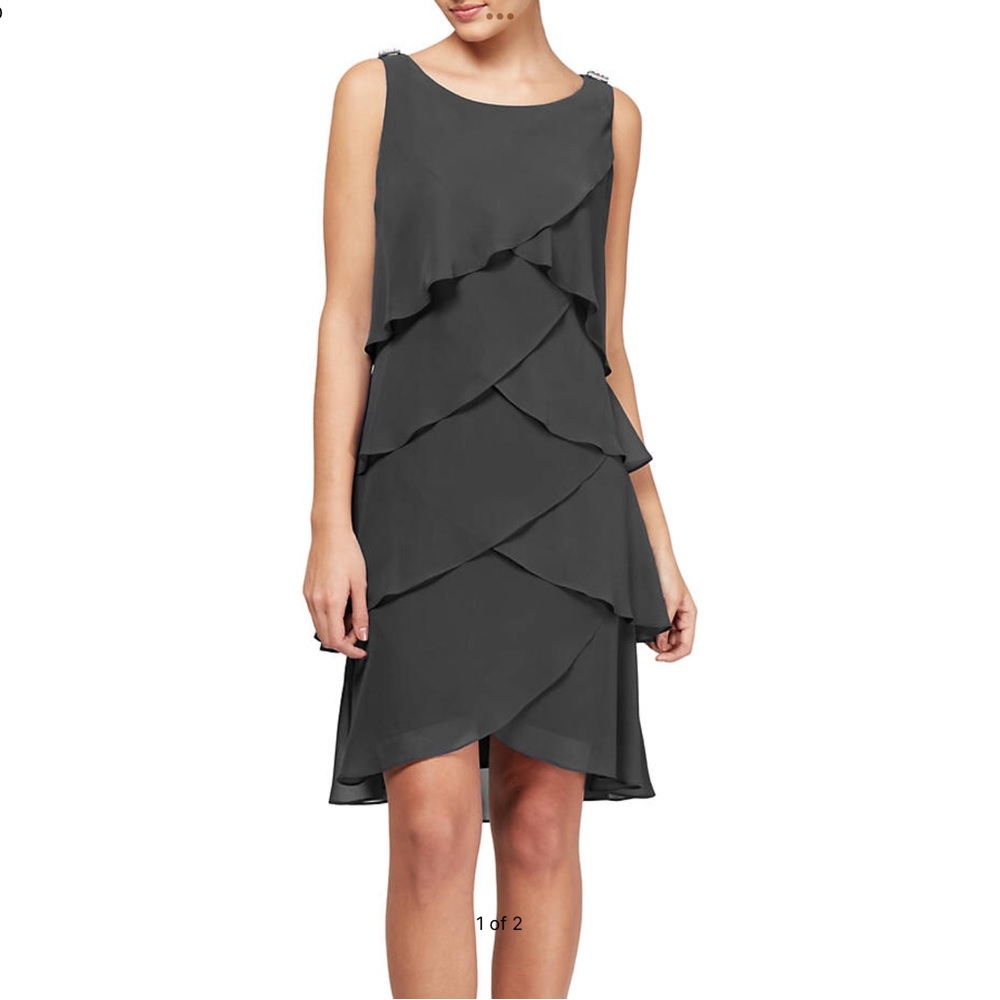 Lovely flattering chiffon dress L37 1/4, bust 36 , hip 40. Ex cond worn once